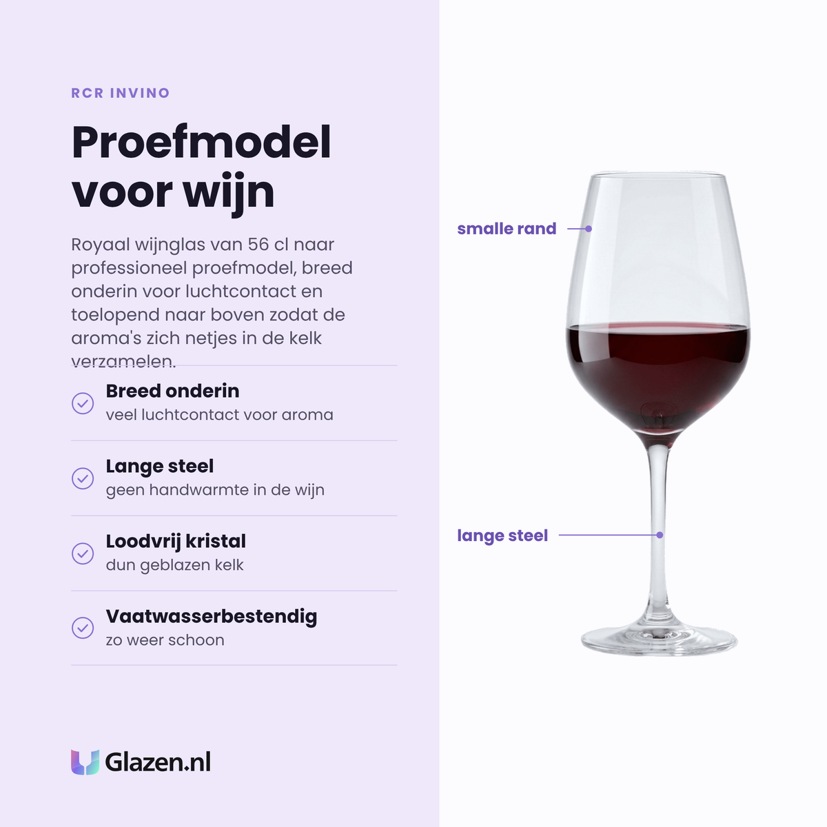 RCR Invino wijnglas 56 cl eigenschappen: breed onderin voor luchtcontact, lange steel, loodvrij kristal, vaatwasserbestendig