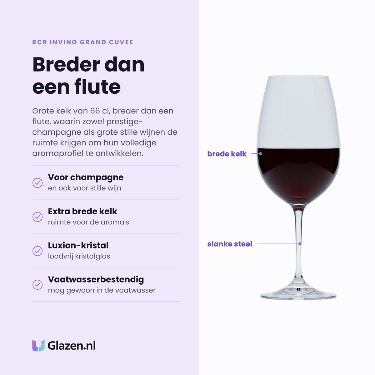 RCR Invino Grand Cuvee wijnglas 66 cl eigenschappen: voor champagne en stille wijn, extra brede kelk, luxion-kristal, vaatwasserbestendig
