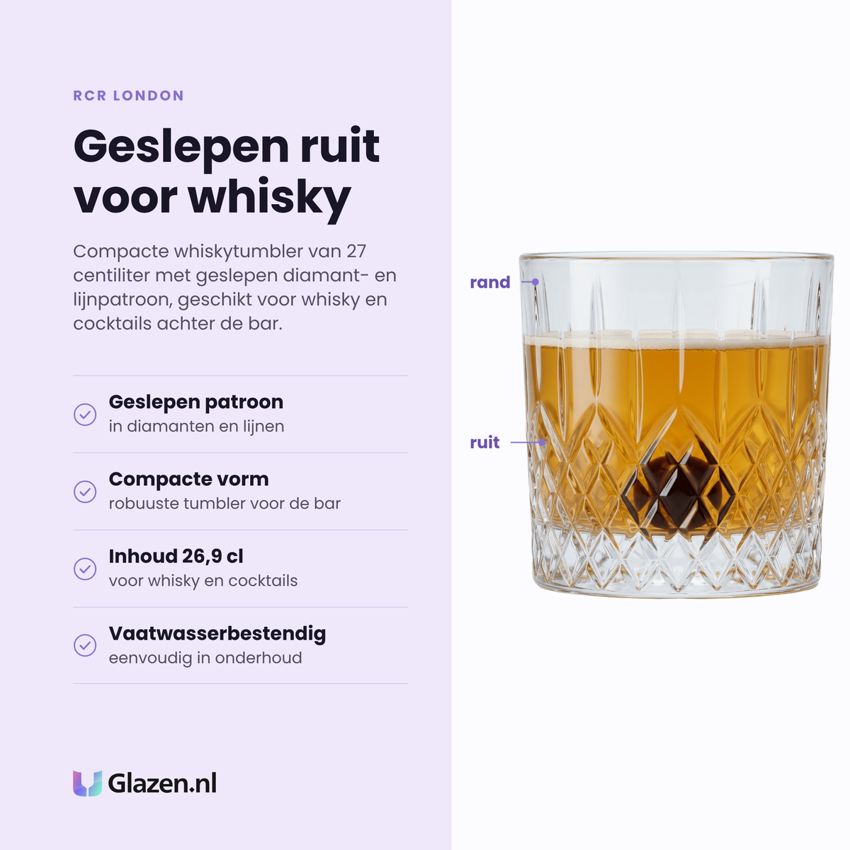 RCR London whiskytumbler 26,9 cl eigenschappen: geslepen diamant- en lijnpatroon, compacte vorm, robuust voor de bar, vaatwasserbestendig