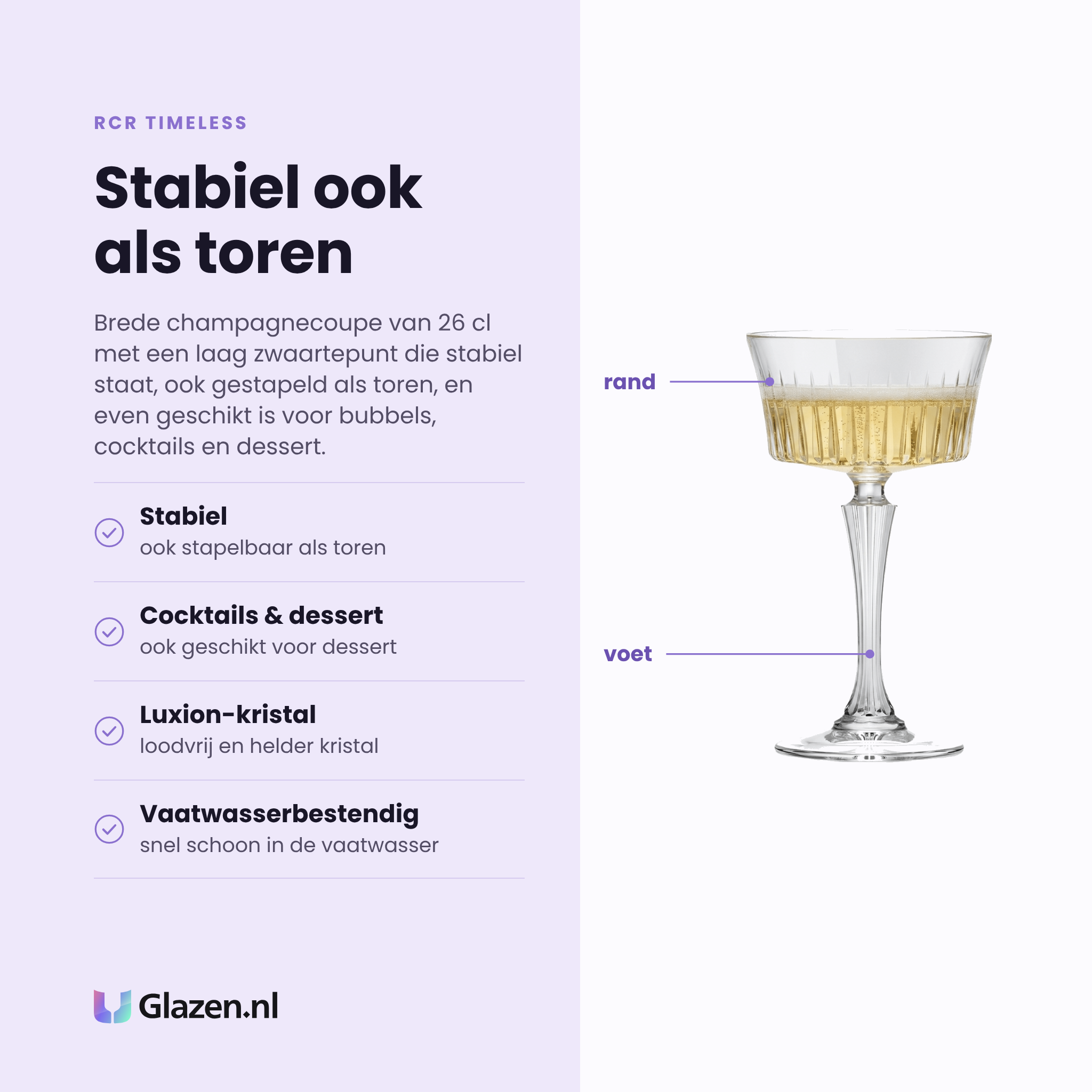 RCR Timeless champagneglas / coupe 26 cl eigenschappen: stabiel ook als toren, geschikt voor cocktails en dessert, luxion-kristal, vaatwasserbestendig