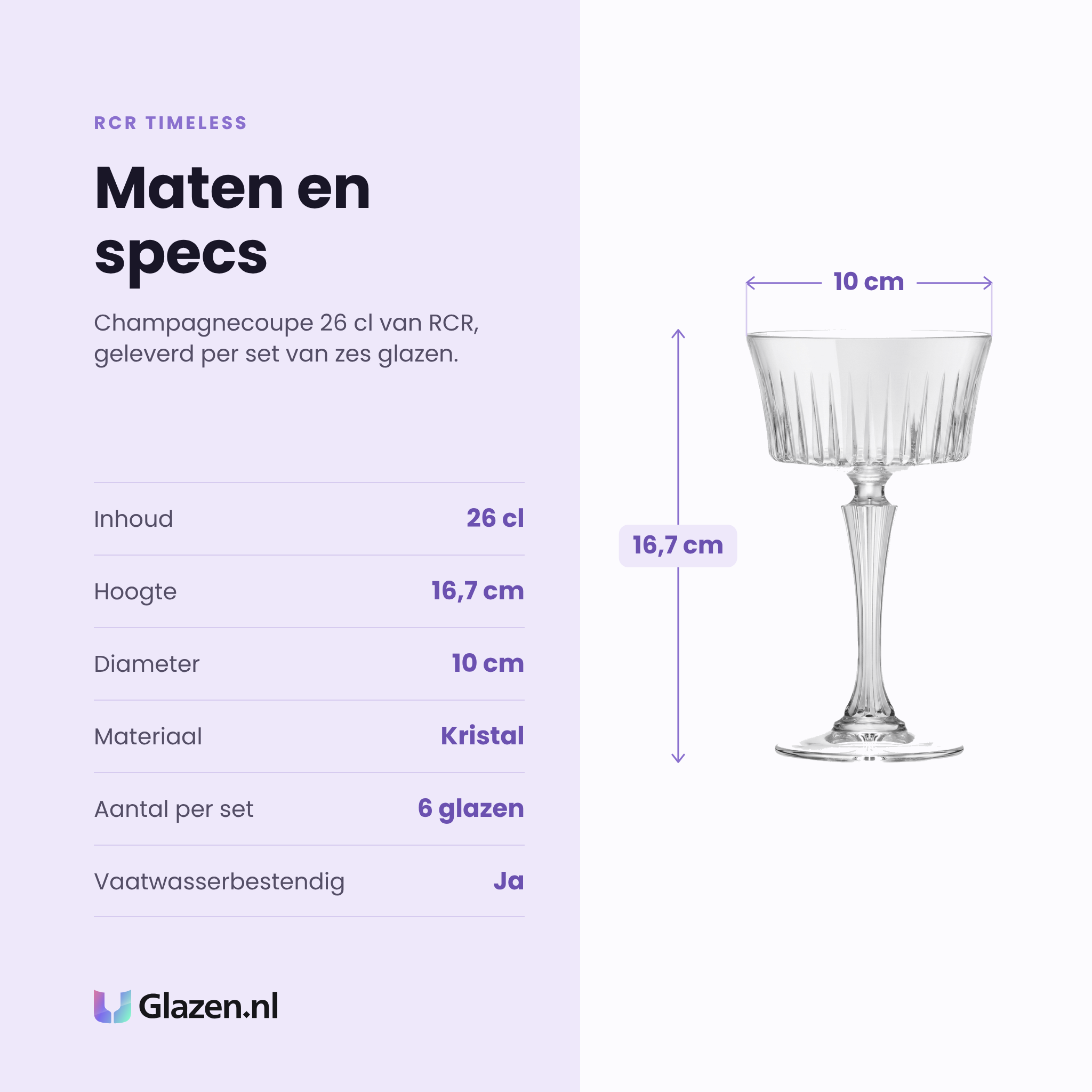 RCR Timeless champagnecoupe 26 cl specificaties: inhoud 26 cl, hoogte 16,7 cm, diameter 10 cm, kristal, set van 6