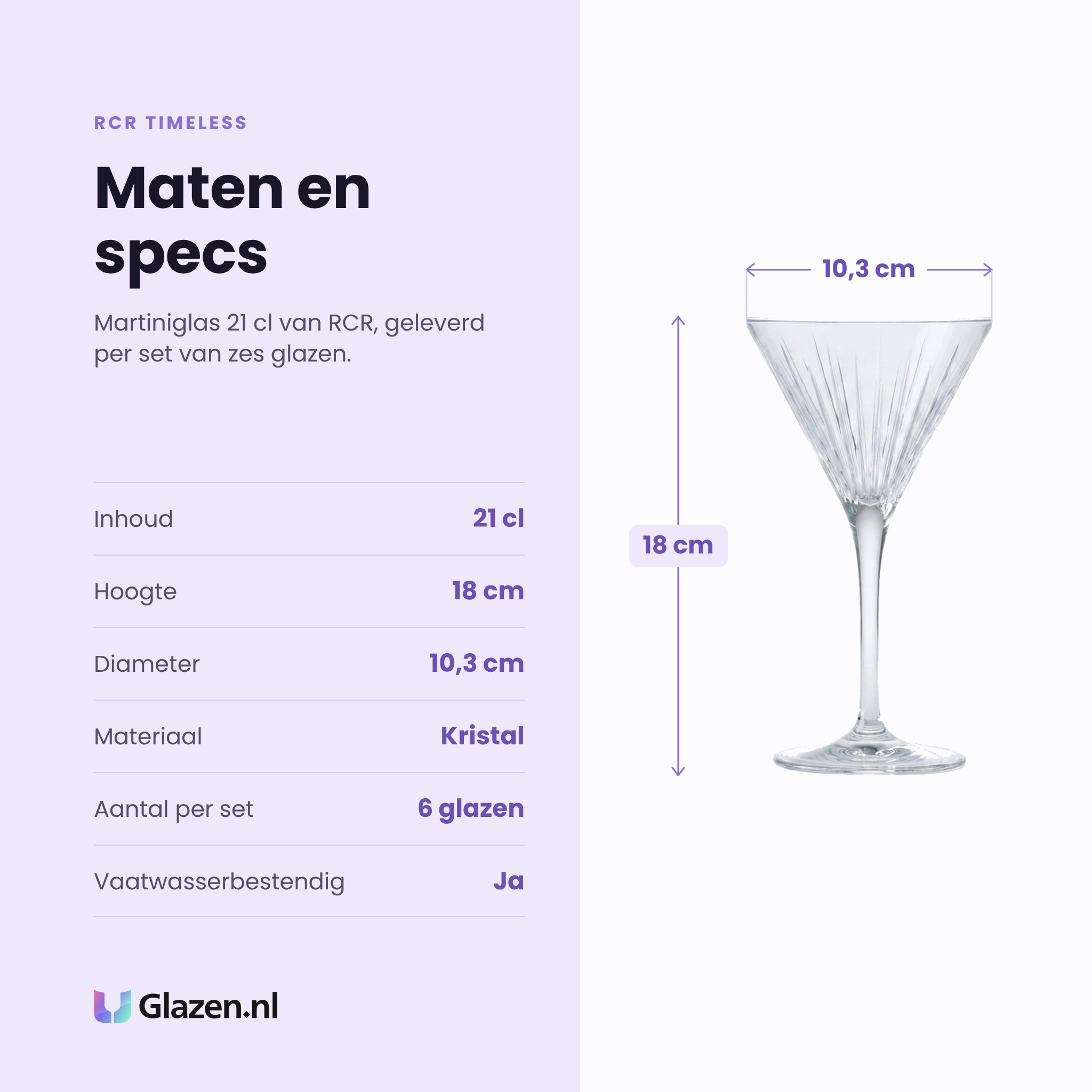 RCR Timeless martiniglas 21 cl specificaties: inhoud 21 cl, hoogte 18 cm, diameter 10,3 cm, kristal, set van 6