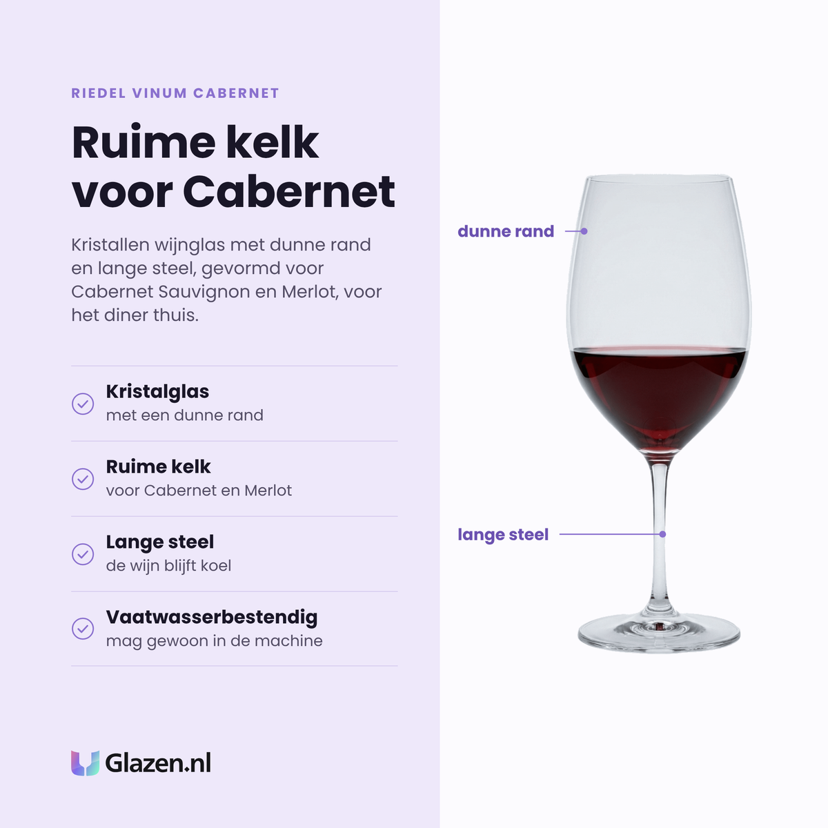 Riedel Vinum Cabernet wijnglas eigenschappen: kristalglas met dunne rand, ruime kelk voor cabernet en merlot, lange steel, vaatwasserbestendig