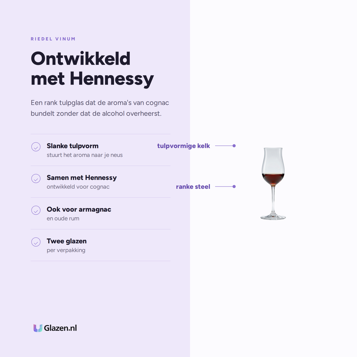 Riedel Vinum Cognagglas Hennessy 15 6 Cl, 2 Stuks eigenschappen: slanke tulpvorm, samen met hennessy, ook voor armagnac, twee glazen