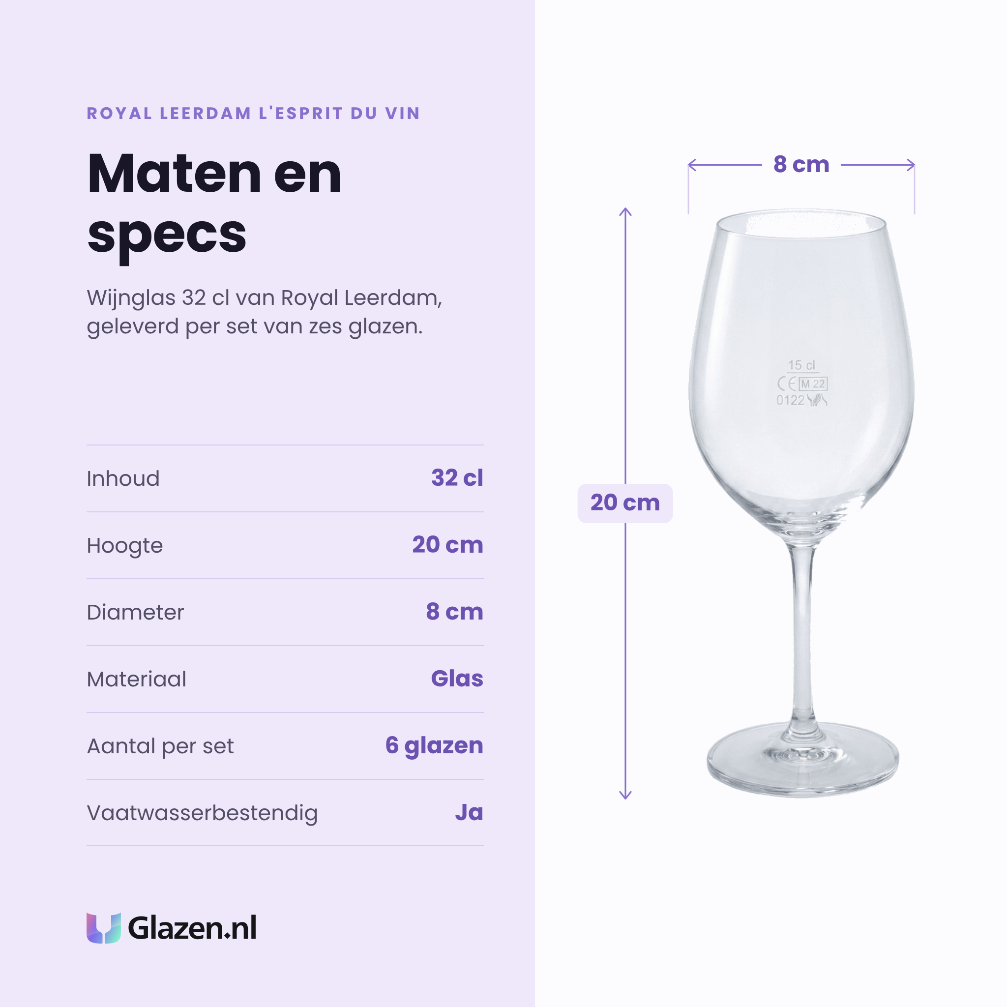 Royal Leerdam L'Esprit Du Vin wijnglas 32 cl specificaties: inhoud 32 cl, hoogte 20 cm, diameter 8 cm, glas, set van 6