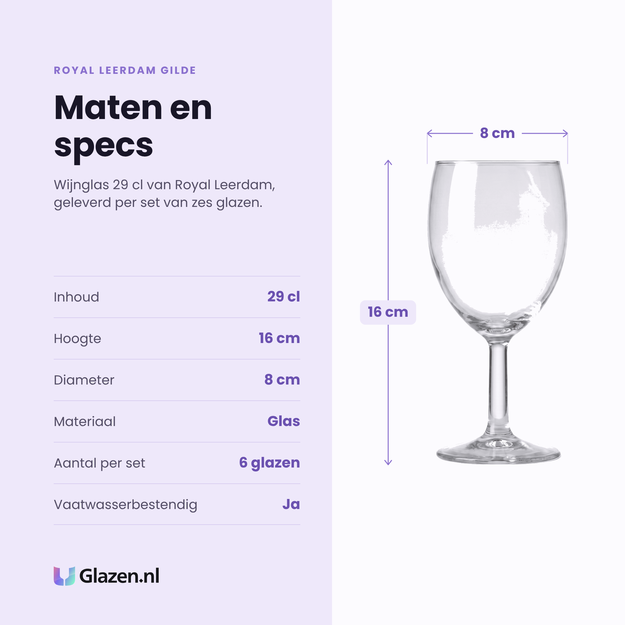 Royal Leerdam Gilde wijnglas 29 cl specificaties: inhoud 29 cl, hoogte 16 cm, diameter 8 cm, glas, set van 6