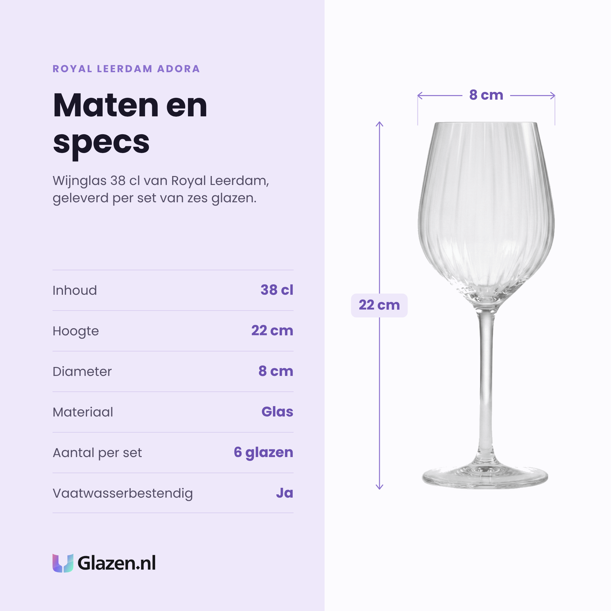 Royal Leerdam Adora wijnglas 38 cl specificaties: inhoud 38 cl, hoogte 22 cm, diameter 8 cm, glas, set van 6