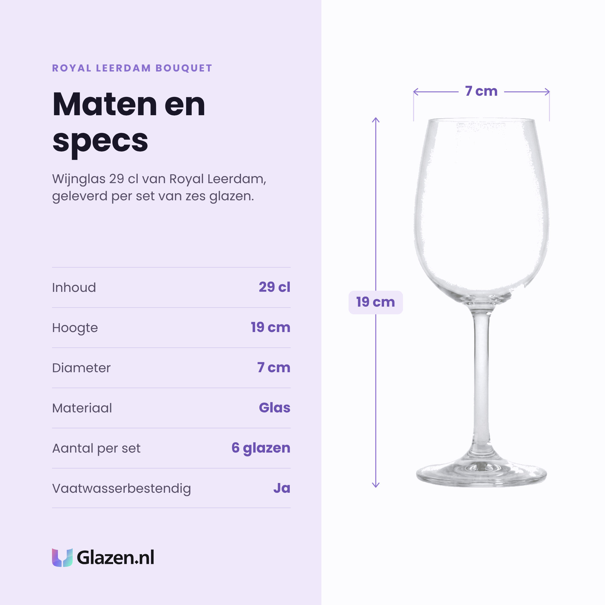 Royal Leerdam Bouquet wijnglas 29 cl specificaties: inhoud 29 cl, hoogte 19 cm, diameter 7 cm, glas, set van 6