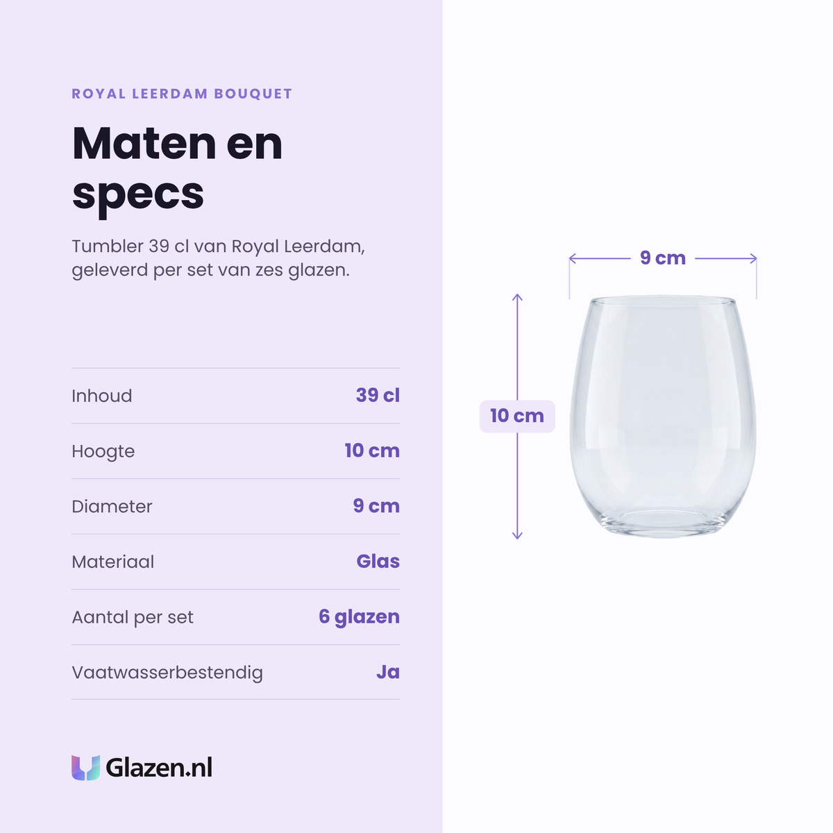 Royal Leerdam Bouquet tumbler 39 cl specificaties: inhoud 39 cl, hoogte 10 cm, diameter 9 cm, glas, set van 6