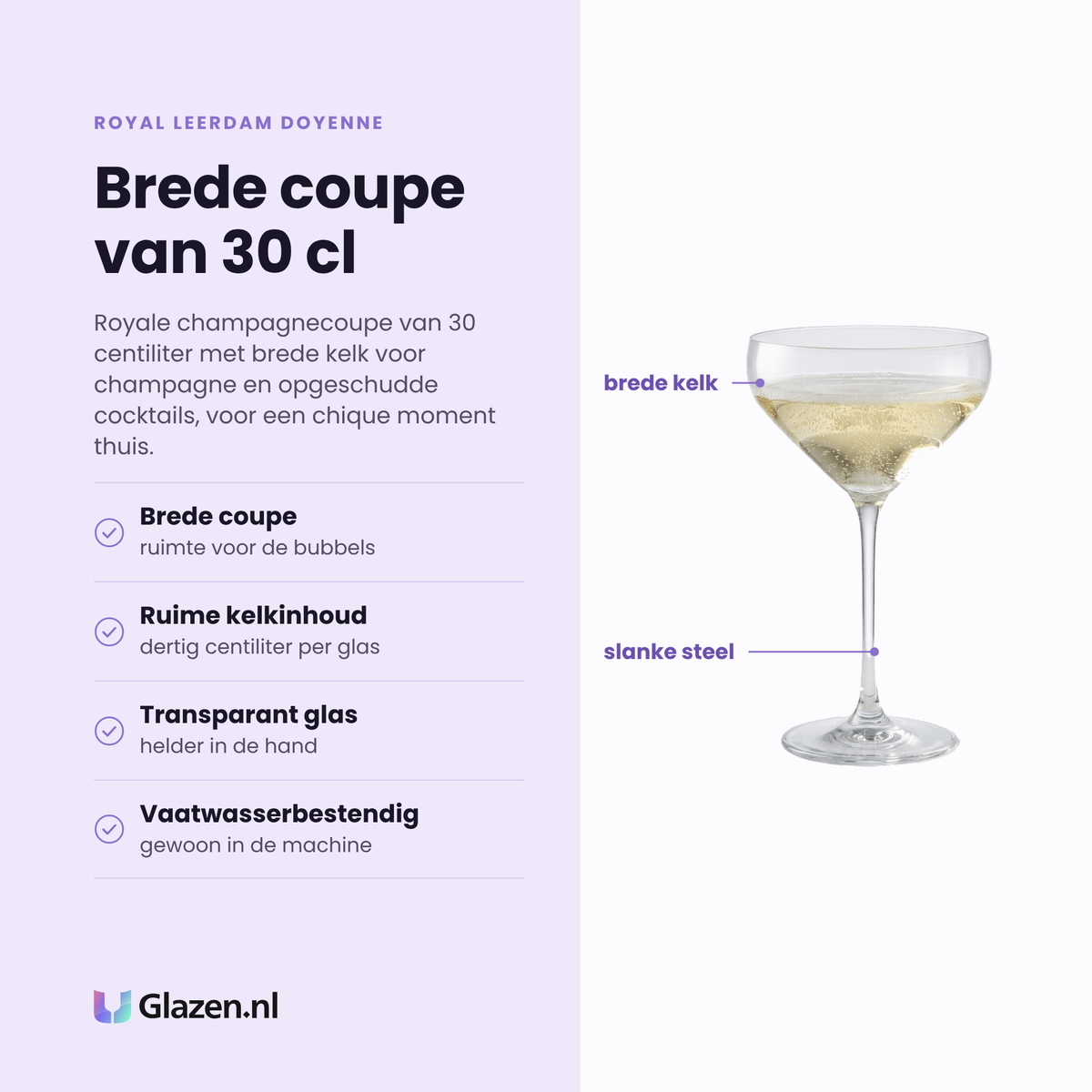 Royal Leerdam Doyenne champagnecoupe 30 cl eigenschappen: brede coupe voor bubbels, ruime kelkinhoud, transparant glas, vaatwasserbestendig