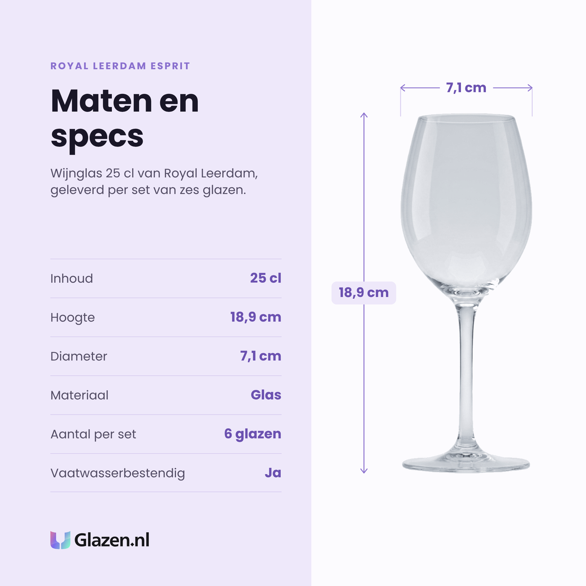 Royal Leerdam Esprit wijnglas 25 cl specificaties: inhoud 25 cl, hoogte 18,9 cm, diameter 7,1 cm, glas, set van 6