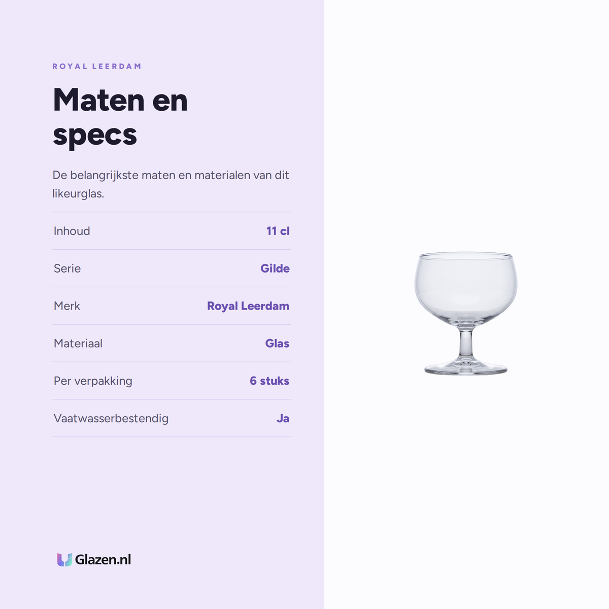 Infographic met de maten en specificaties van Royal Leerdam Gilde Likeurglas 11 Cl - 6 Stuks