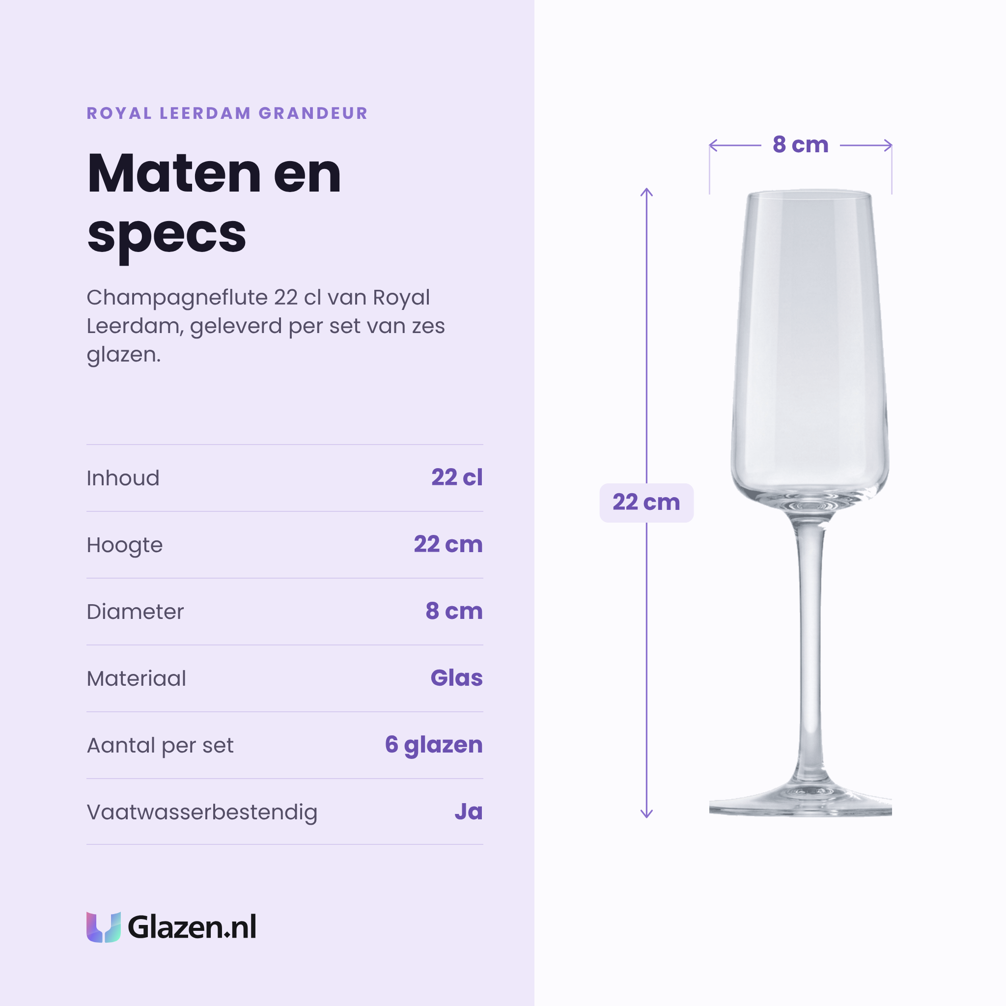 Royal Leerdam Grandeur champagneflute 22 cl specificaties: inhoud 22 cl, hoogte 22 cm, diameter 8 cm, glas, set van 6