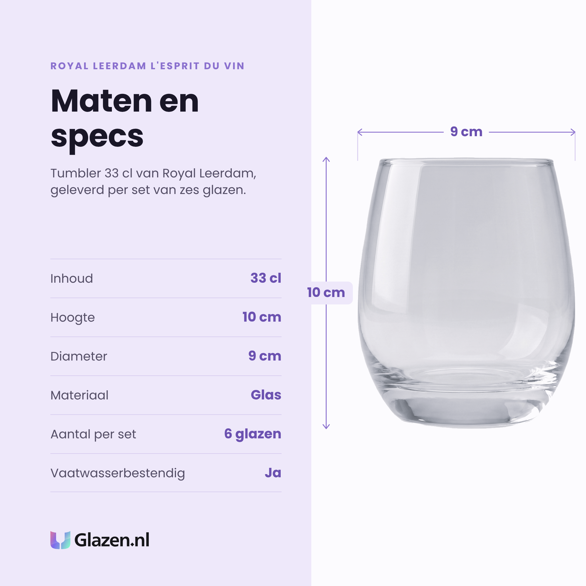 Royal Leerdam L'Esprit Du Vin tumbler 33 cl specificaties: inhoud 33 cl, hoogte 10 cm, diameter 9 cm, glas, set van 6