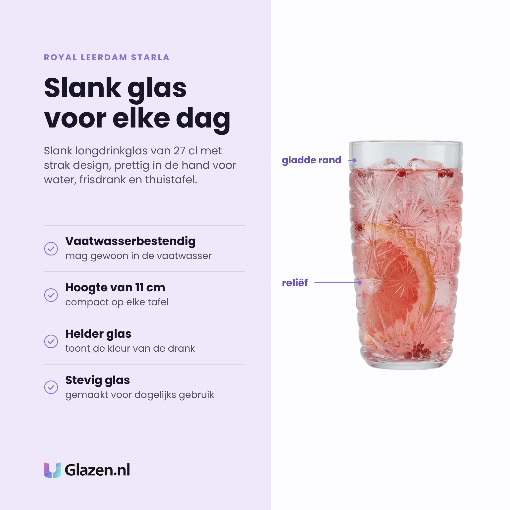 Royal Leerdam Starla longdrinkglas 27 cl eigenschappen: vaatwasserbestendig, compacte hoogte van 11 cm, helder glas, stevig glas voor dagelijks gebruik