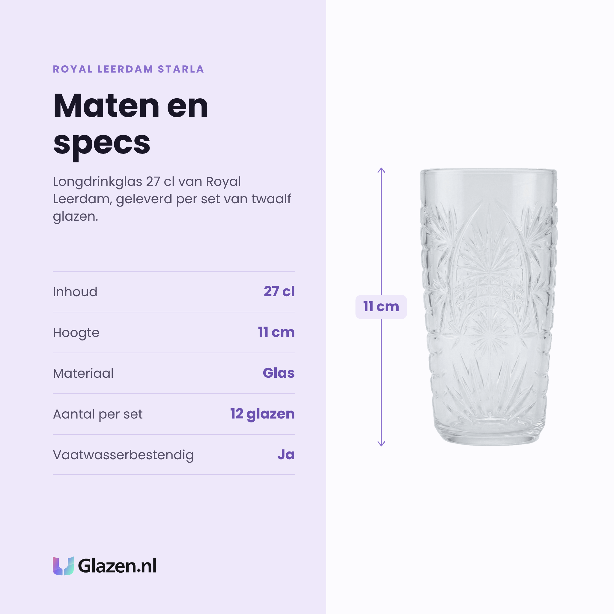 Royal Leerdam Starla longdrinkglas 27 cl specificaties: inhoud 27 cl, hoogte 11 cm, glas, set van 12