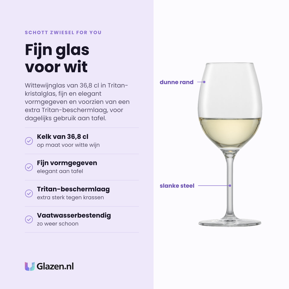 Schott Zwiesel For You witte wijnglas 36,8 cl eigenschappen: kelk van 36,8 cl, fijn en elegant vormgegeven, extra tritan-beschermlaag, vaatwasserbestendig