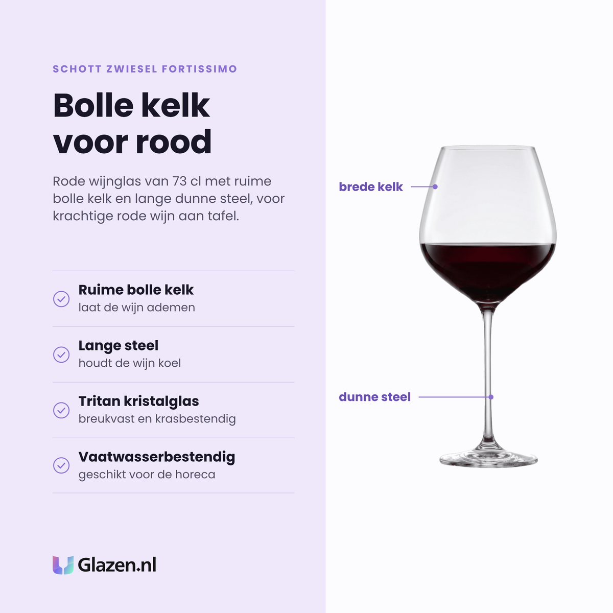 Schott Zwiesel Fortissimo rode wijnglas 73 cl eigenschappen: ruime bolle kelk, lange steel, breukvast tritan kristalglas, vaatwasserbestendig