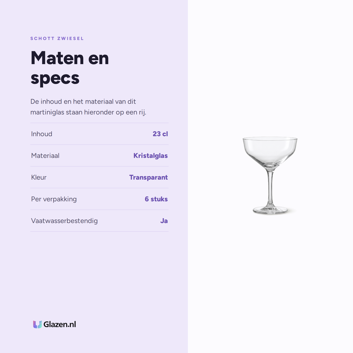 Maten en specificaties van de Schott Zwiesel Basic Bar Selection Contemporary Martiniglas 23 Cl - 6 Stuks