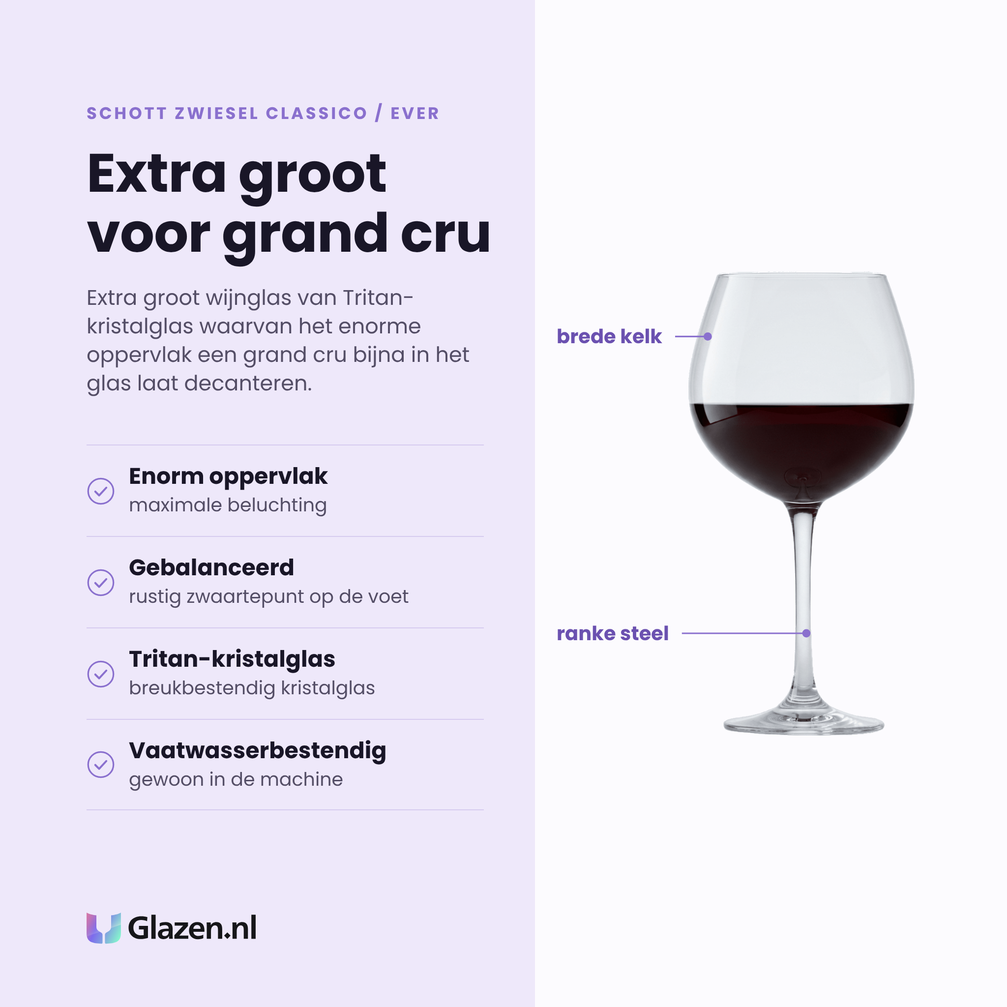 Schott Zwiesel Classico / Ever wijnglas 81,4 cl eigenschappen: enorm oppervlak voor maximale beluchting, gebalanceerd zwaartepunt op de voet, tritan-kristalglas, vaatwasserbestendig