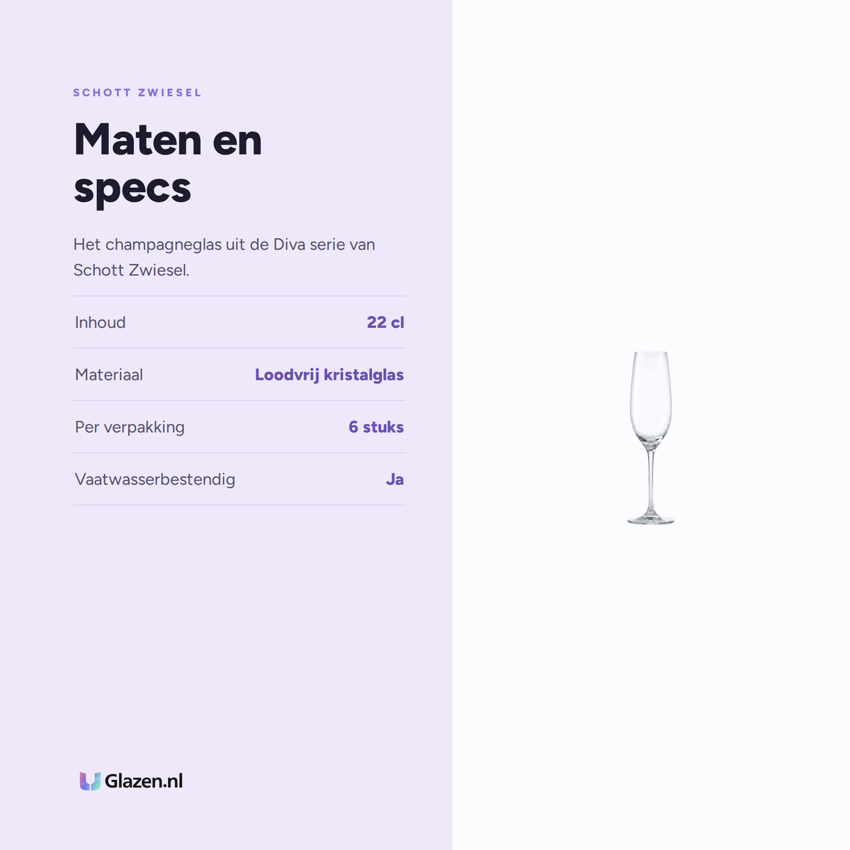 Maten en specs van Schott Zwiesel Diva Champagneglas 22 Cl met Mousseerpunt