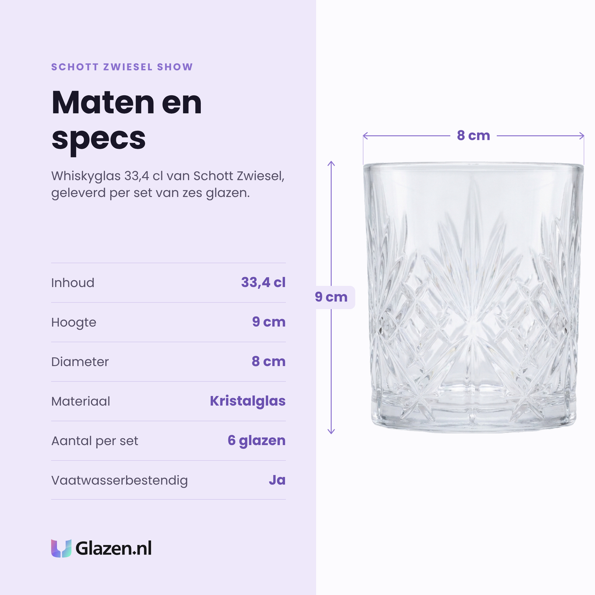 Schott Zwiesel Show whiskyglas 33,4 cl specificaties: inhoud 33,4 cl, hoogte 9 cm, diameter 8 cm, kristalglas, set van 6
