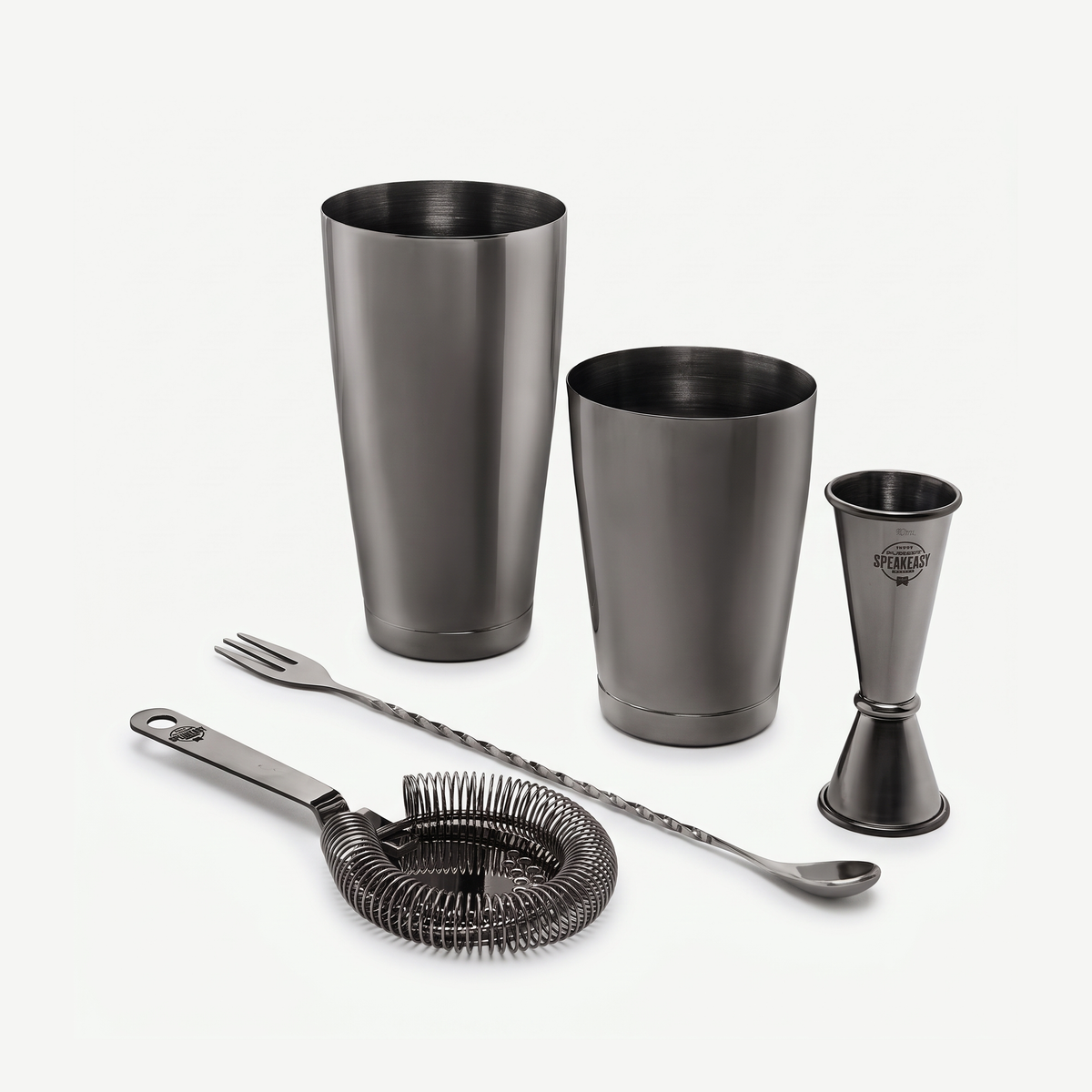 Speakeasy cocktail set zwart met Boston shaker, hawthorn strainer, barlepel en jigger