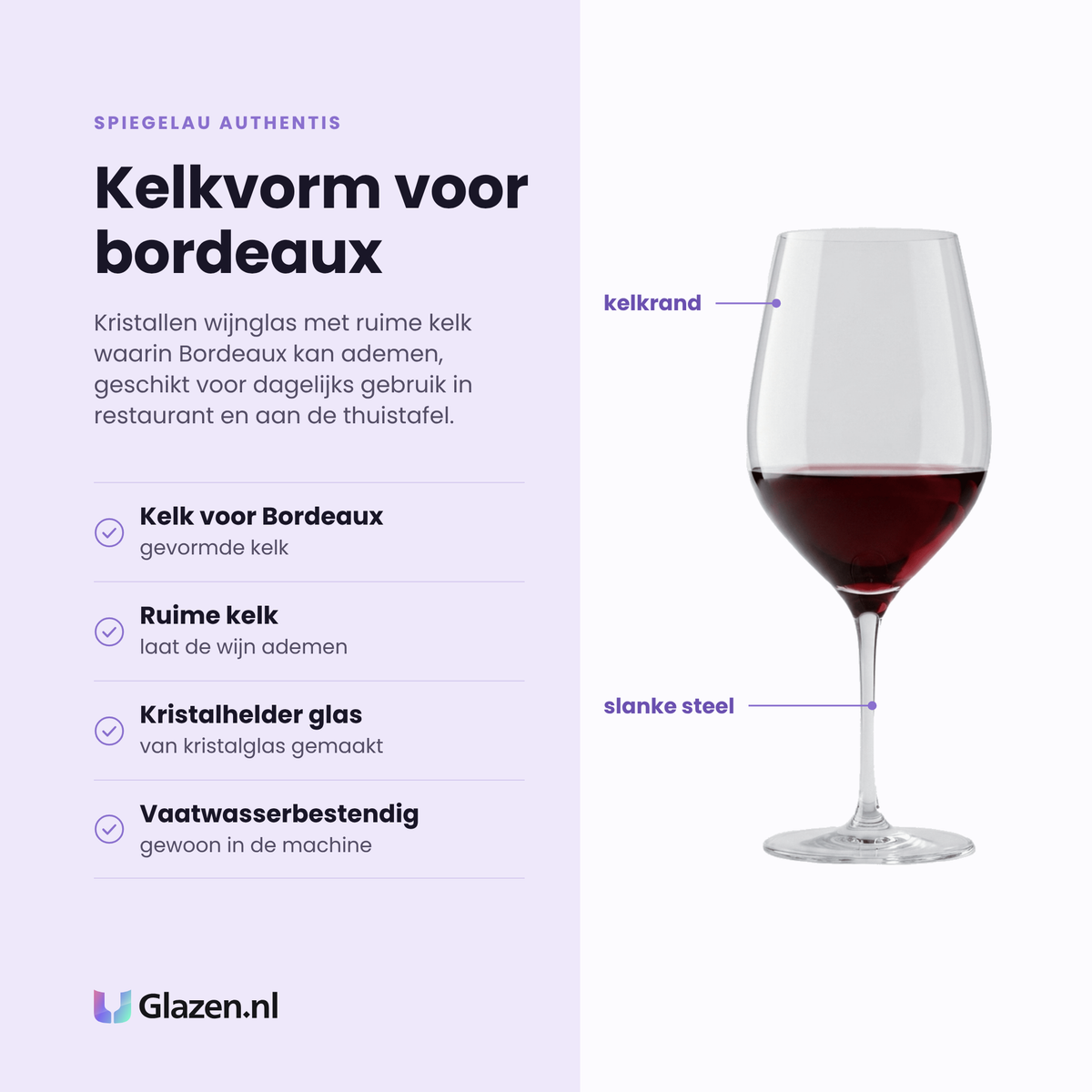 Spiegelau Authentis wijnglas 65 cl eigenschappen: kelk voor Bordeaux, ruime kelk laat de wijn ademen, kristalhelder glas, vaatwasserbestendig