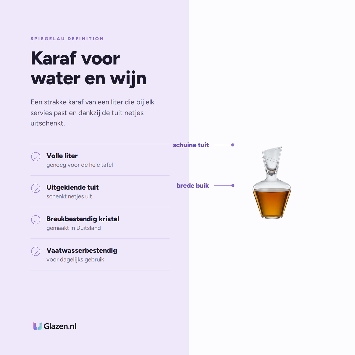 Spiegelau Definition Karaf 100 Cl eigenschappen: volle liter, uitgekiende tuit, breukbestendig kristal, vaatwasserbestendig