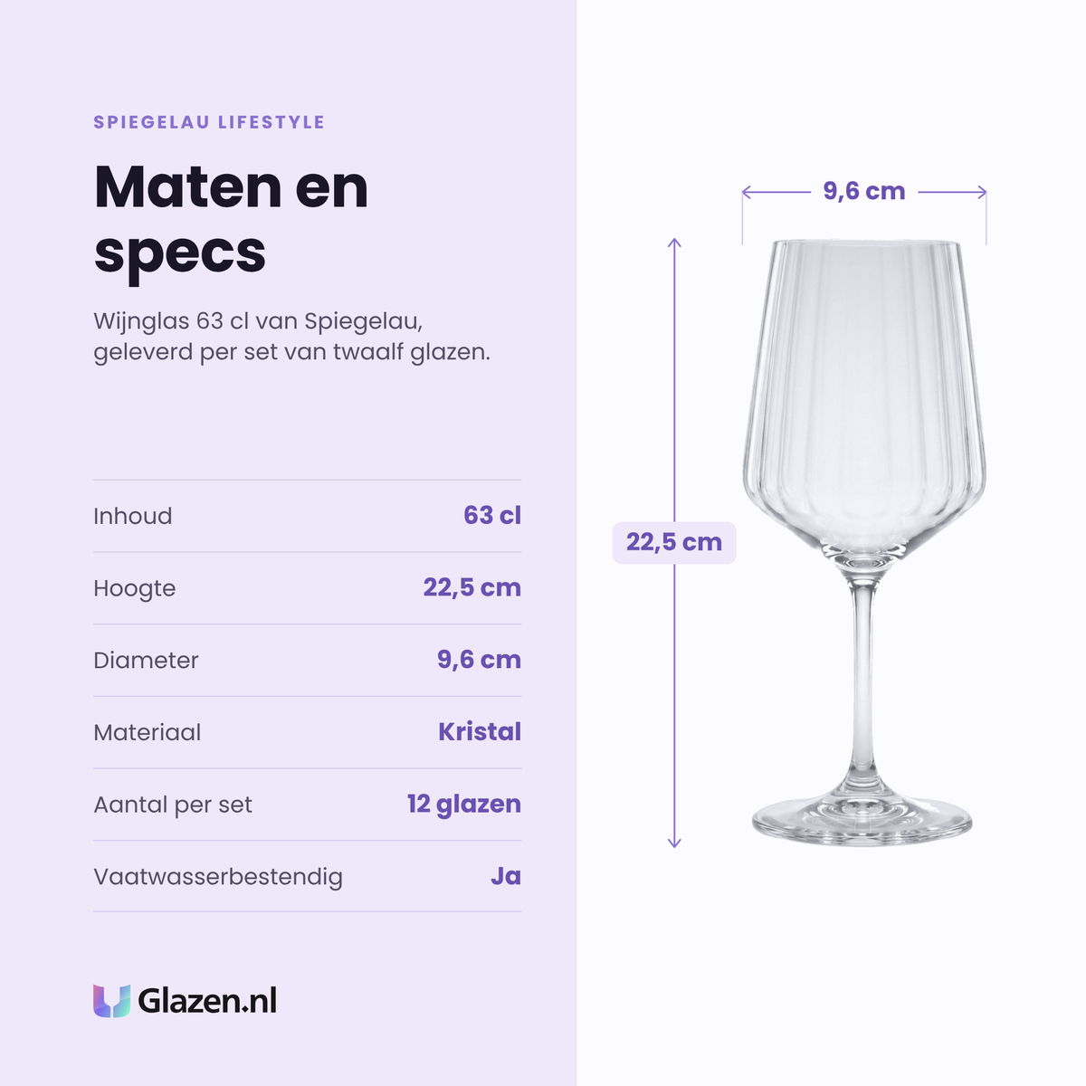 Spiegelau Lifestyle wijnglas 63 cl specificaties: inhoud 63 cl, hoogte 22,5 cm, diameter 9,6 cm, kristal, set van 12