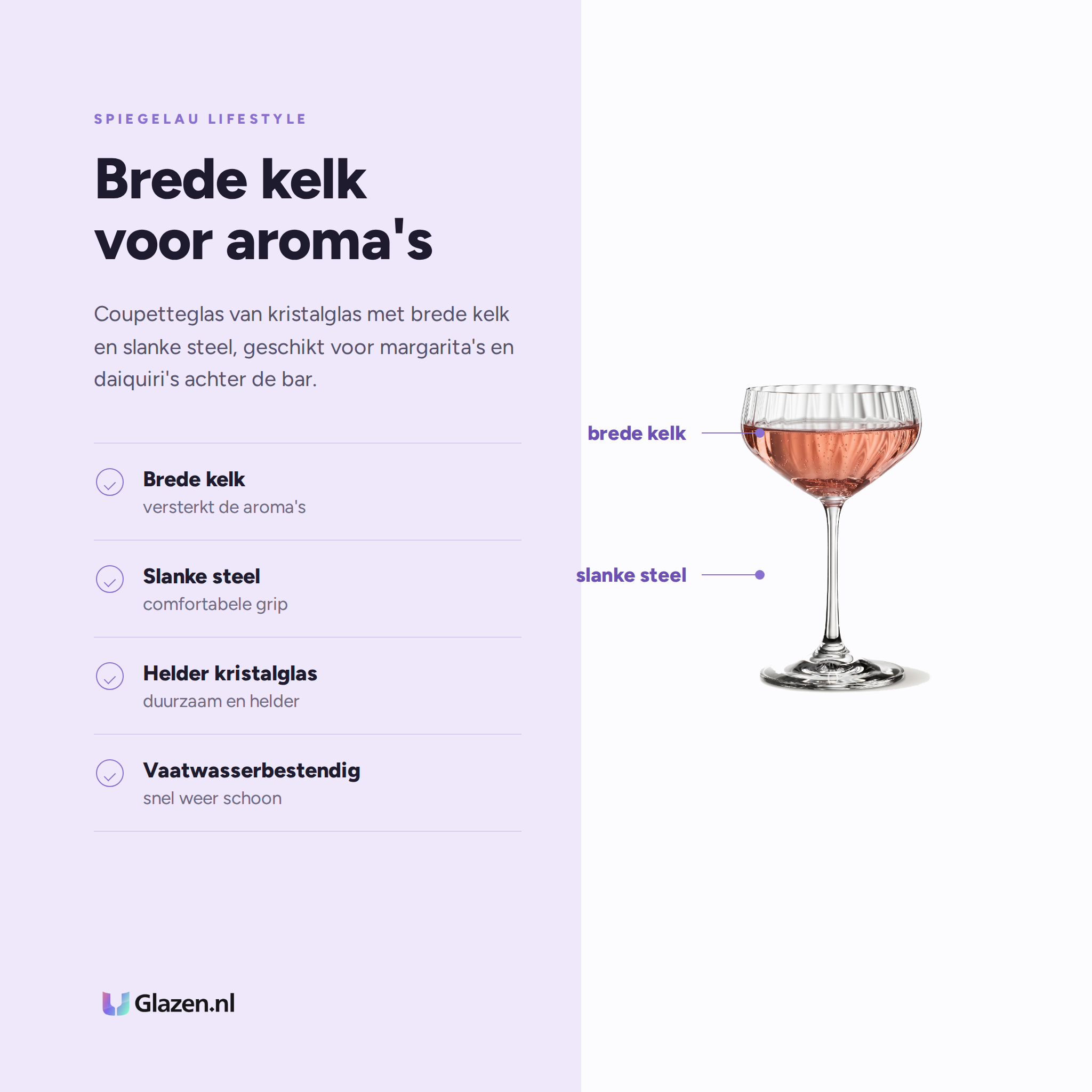 Spiegelau Lifestyle Cocktailglas 31 Cl Coupette eigenschappen: brede kelk, slanke steel, helder kristalglas, vaatwasserbestendig