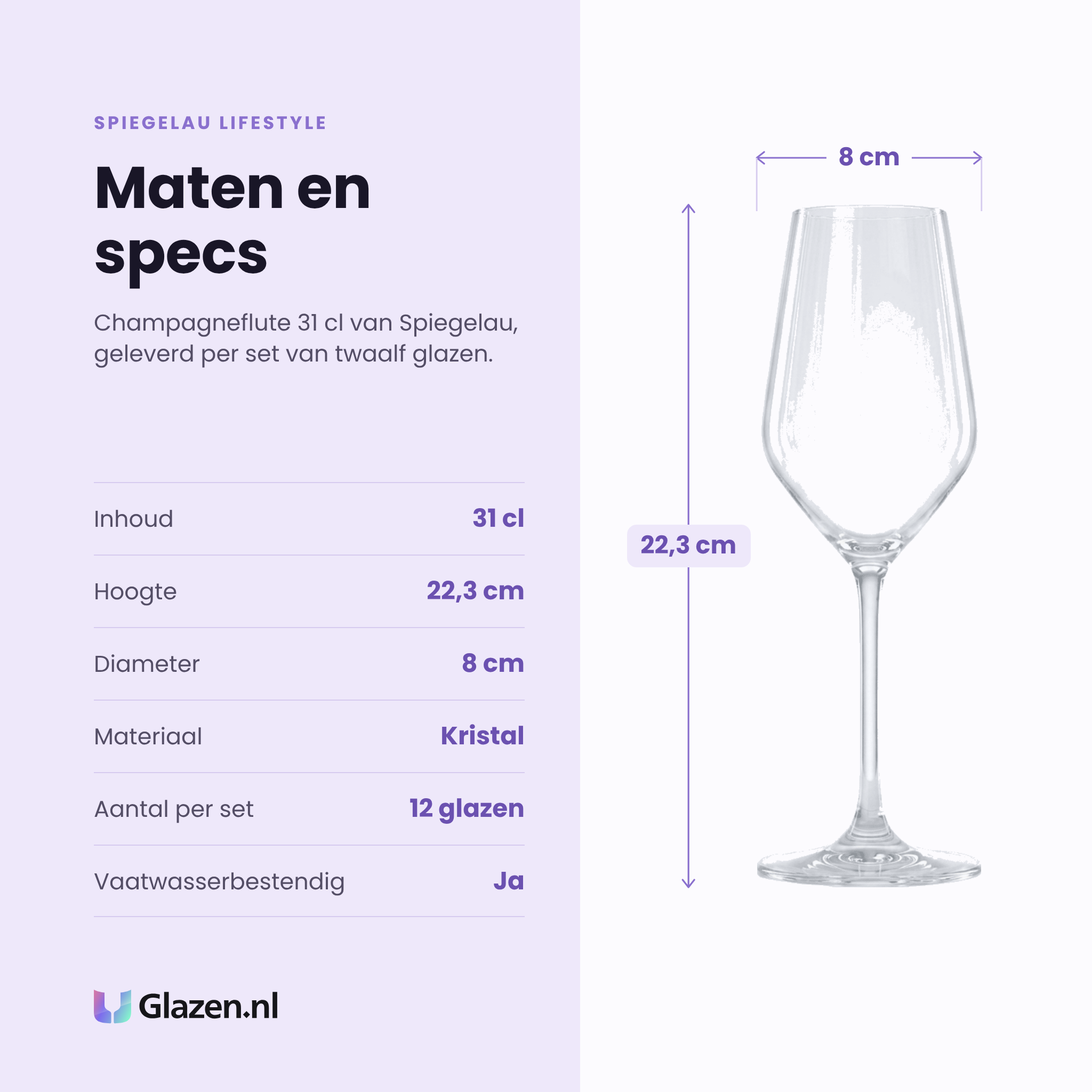Spiegelau Lifestyle champagneflute 31 cl specificaties: inhoud 31 cl, hoogte 22,3 cm, diameter 8 cm, kristal, set van 12