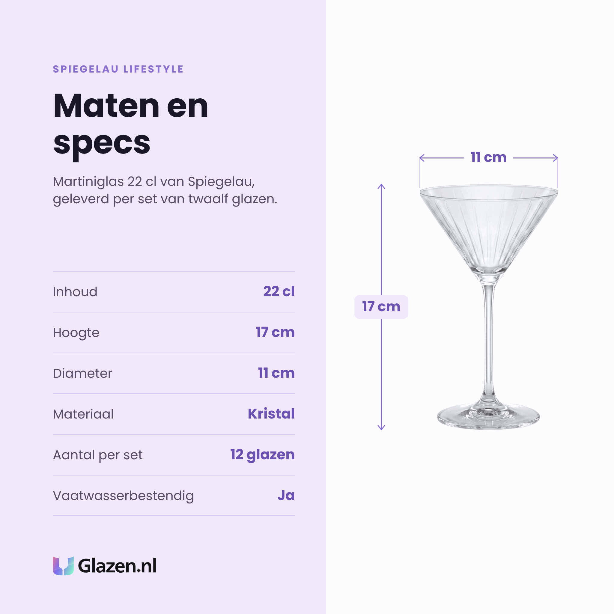 Spiegelau Lifestyle martiniglas 22 cl specificaties: inhoud 22 cl, hoogte 17 cm, diameter 11 cm, kristal, set van 12