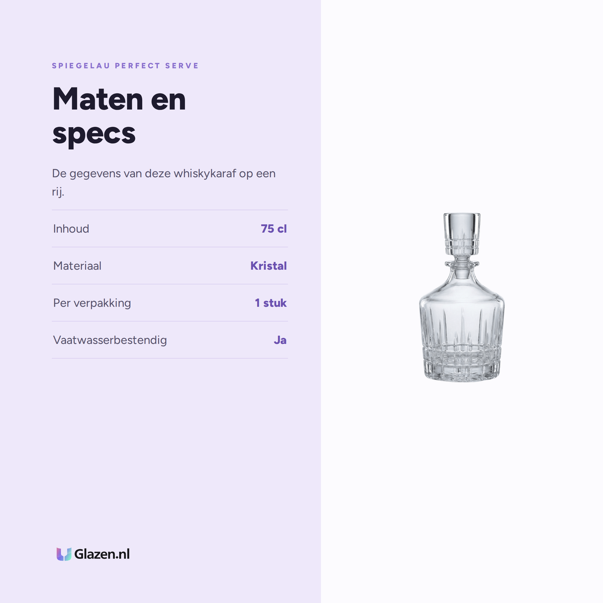 Spiegelau Perfect Serve Collection Whisky Decanteerkaraf 75 Cl specificaties: inhoud 75 cl, materiaal Kristal, per verpakking 1 stuk, vaatwasserbestendig Ja
