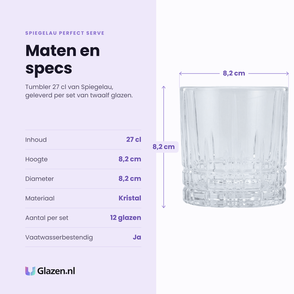 Spiegelau Perfect Serve tumbler 27 cl specificaties: inhoud 27 cl, hoogte 8,2 cm, diameter 8,2 cm, kristal, set van 12