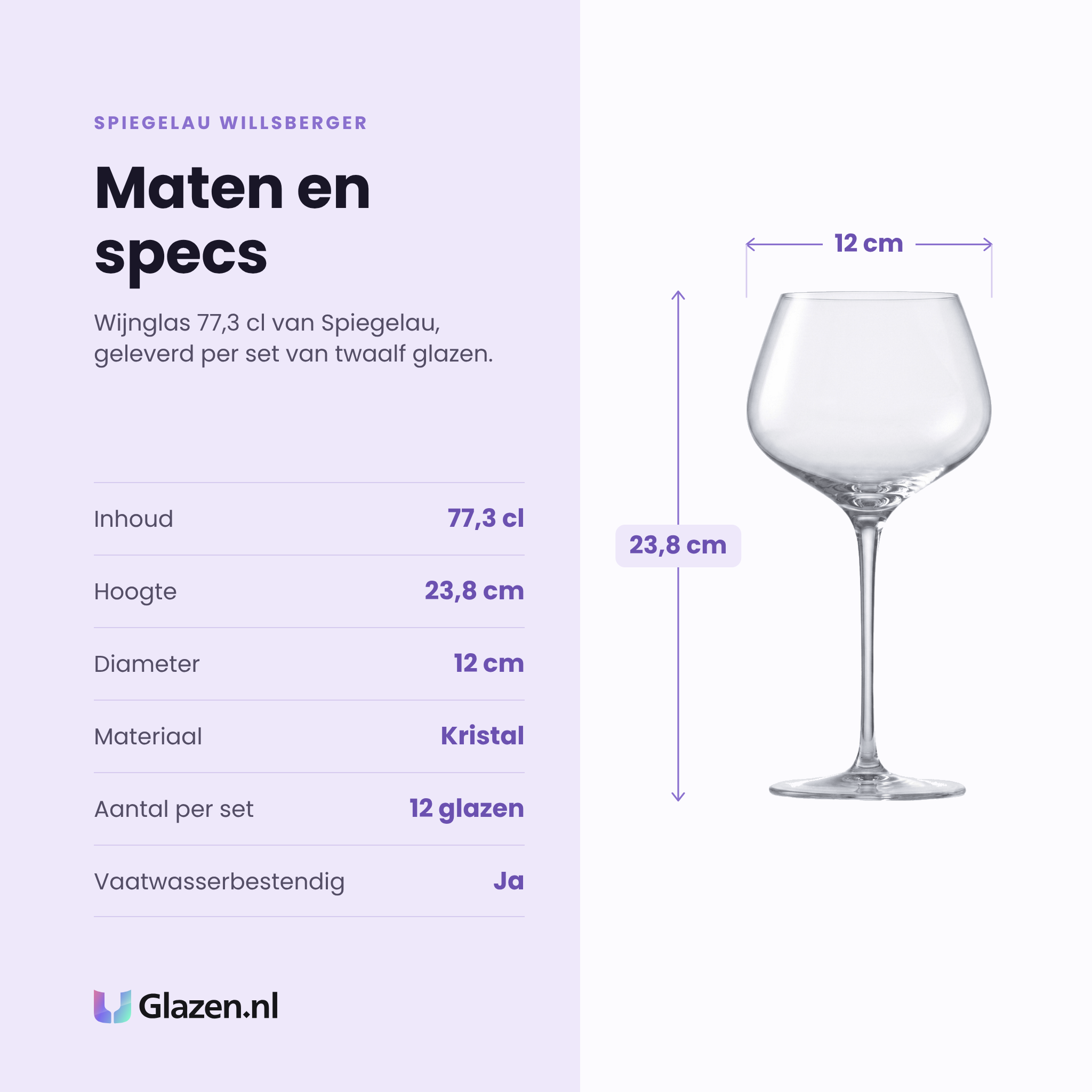 Spiegelau Willsberger Anniversary wijnglas 77,3 cl specificaties: inhoud 77,3 cl, hoogte 23,8 cm, diameter 12 cm, kristalglas, set van 12