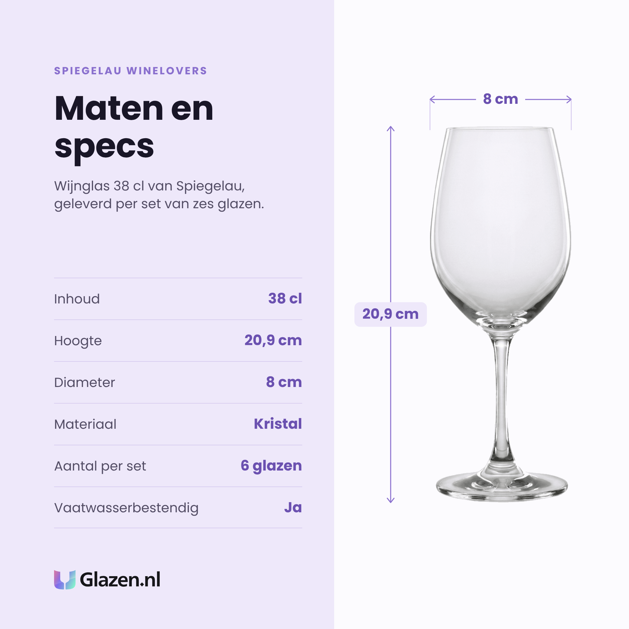 Spiegelau Winelovers wijnglas 38 cl specificaties: inhoud 38 cl, hoogte 20,9 cm, diameter 8 cm, kristal, set van 6