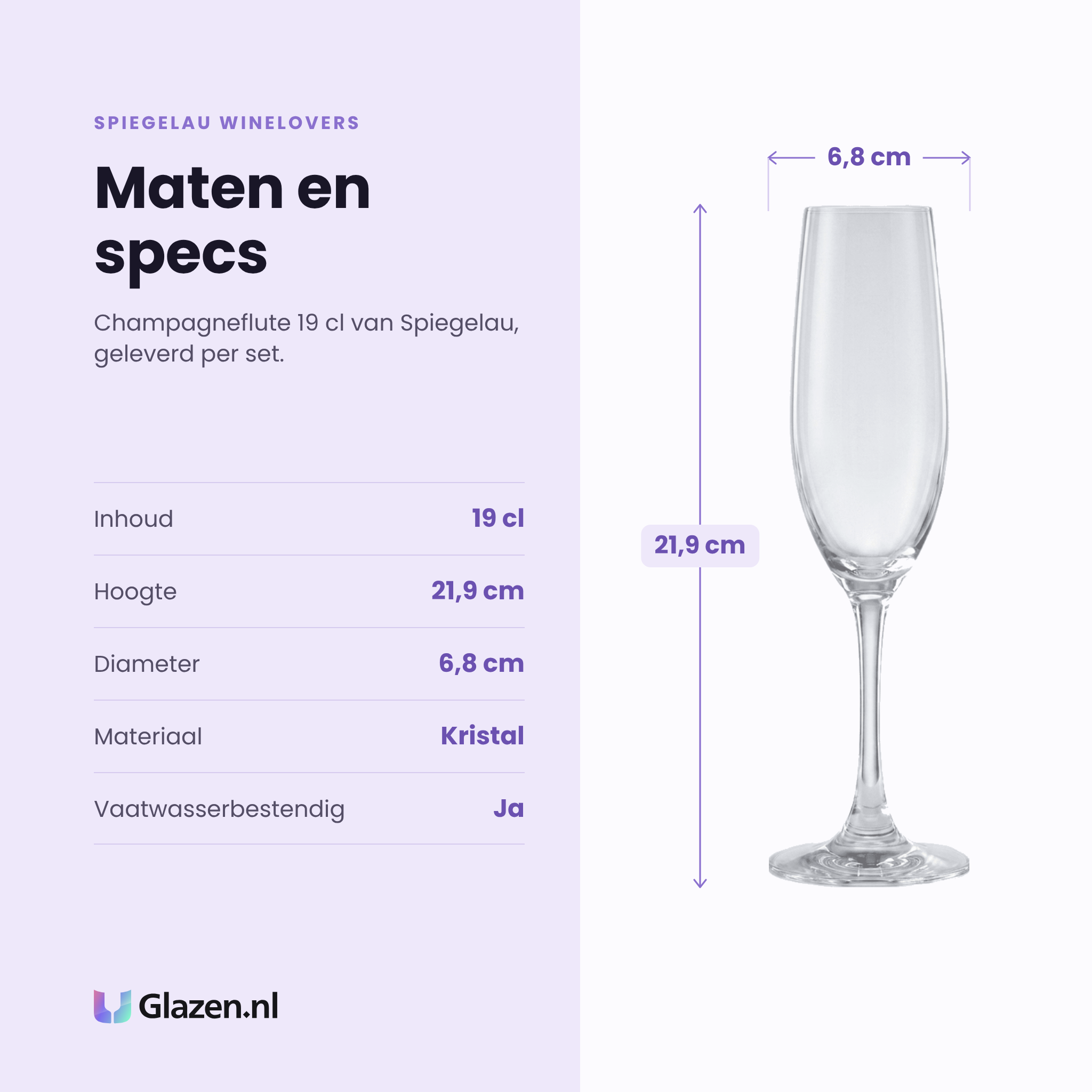 Spiegelau Winelovers champagneflute 19 cl specificaties: inhoud 19 cl, hoogte 21,9 cm, diameter 6,8 cm, kristal, vaatwasserbestendig