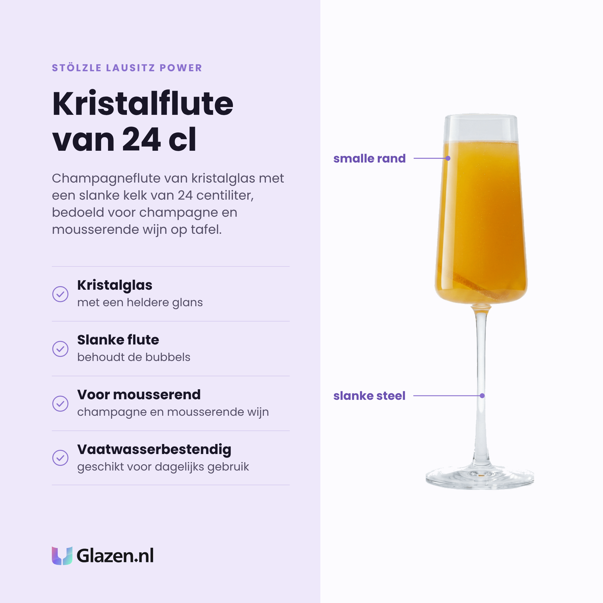 Stölzle Lausitz Power champagneglas 24 cl eigenschappen: kristalglas, slanke flute, voor mousserende wijn, vaatwasserbestendig