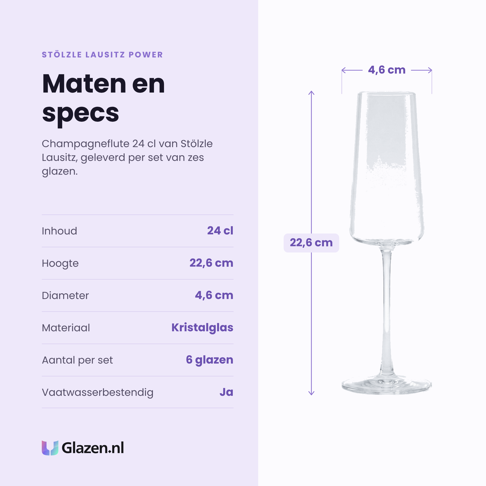 Stölzle Lausitz Power champagneglas 24 cl specificaties: inhoud 24 cl, hoogte 22,6 cm, diameter 4,6 cm, kristalglas, set van 6