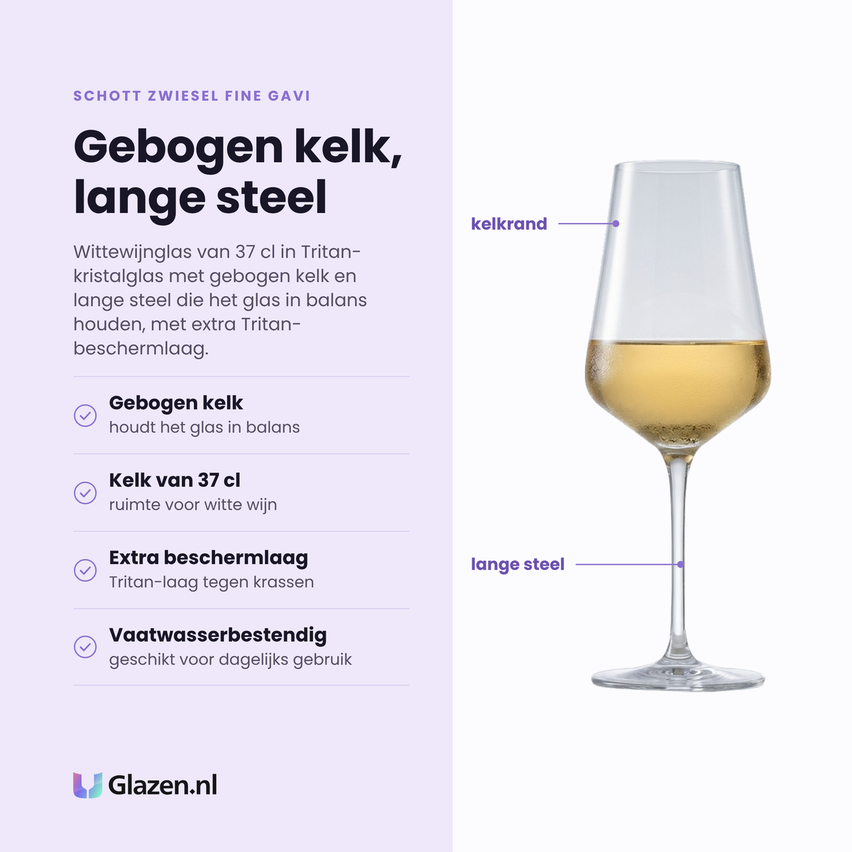 Schott Zwiesel Fine Gavi witte wijnglas 37 cl eigenschappen: gebogen kelk, lange steel, extra tritan-beschermlaag, vaatwasserbestendig
