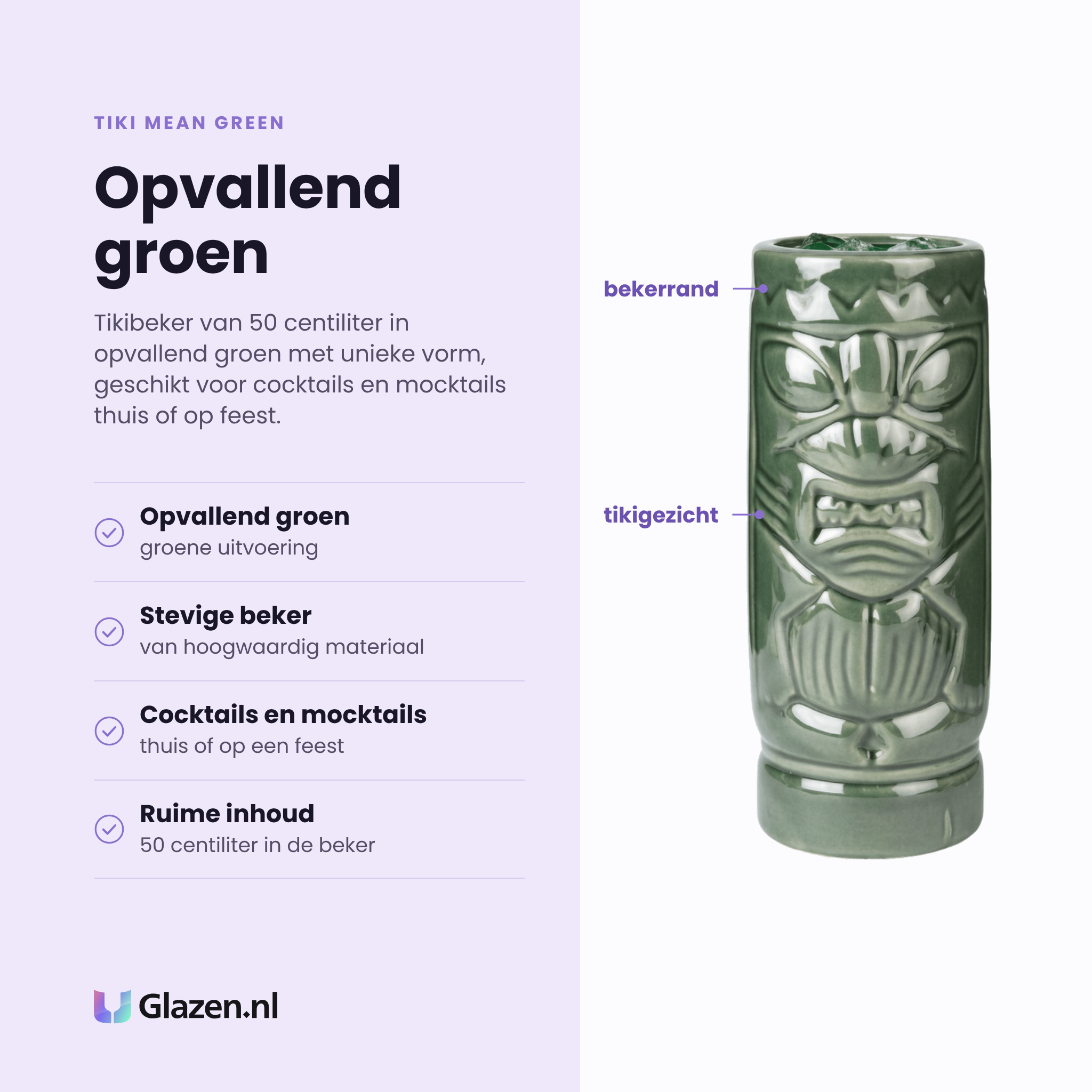 Tiki Mean Green tikibeker 50 cl eigenschappen: opvallend groen, stevige beker, voor cocktails en mocktails, ruime inhoud