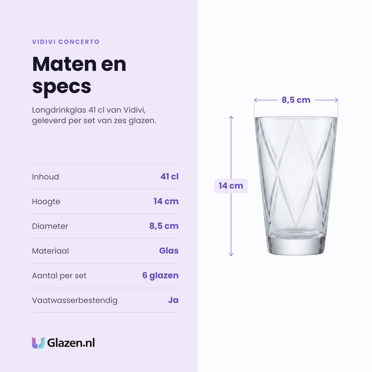 Vidivi Concerto longdrinkglas 41 cl specificaties: inhoud 41 cl, hoogte 14 cm, diameter 8,5 cm, glas, set van 6