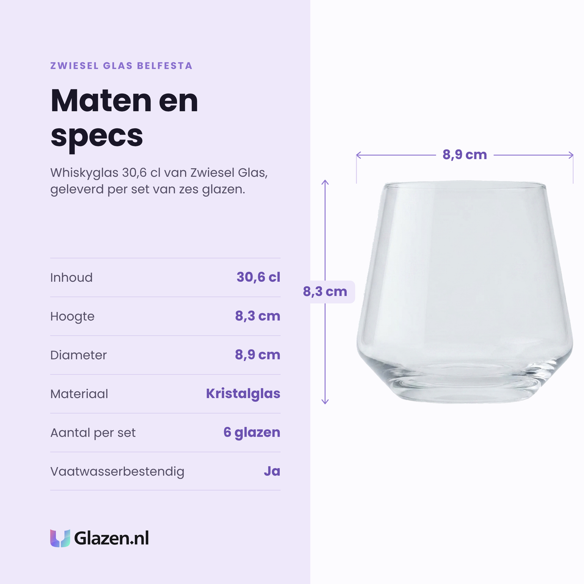 Zwiesel Glas Belfesta whiskyglas 30,6 cl specificaties: inhoud 30,6 cl, hoogte 8,3 cm, diameter 8,9 cm, kristalglas, set van 6