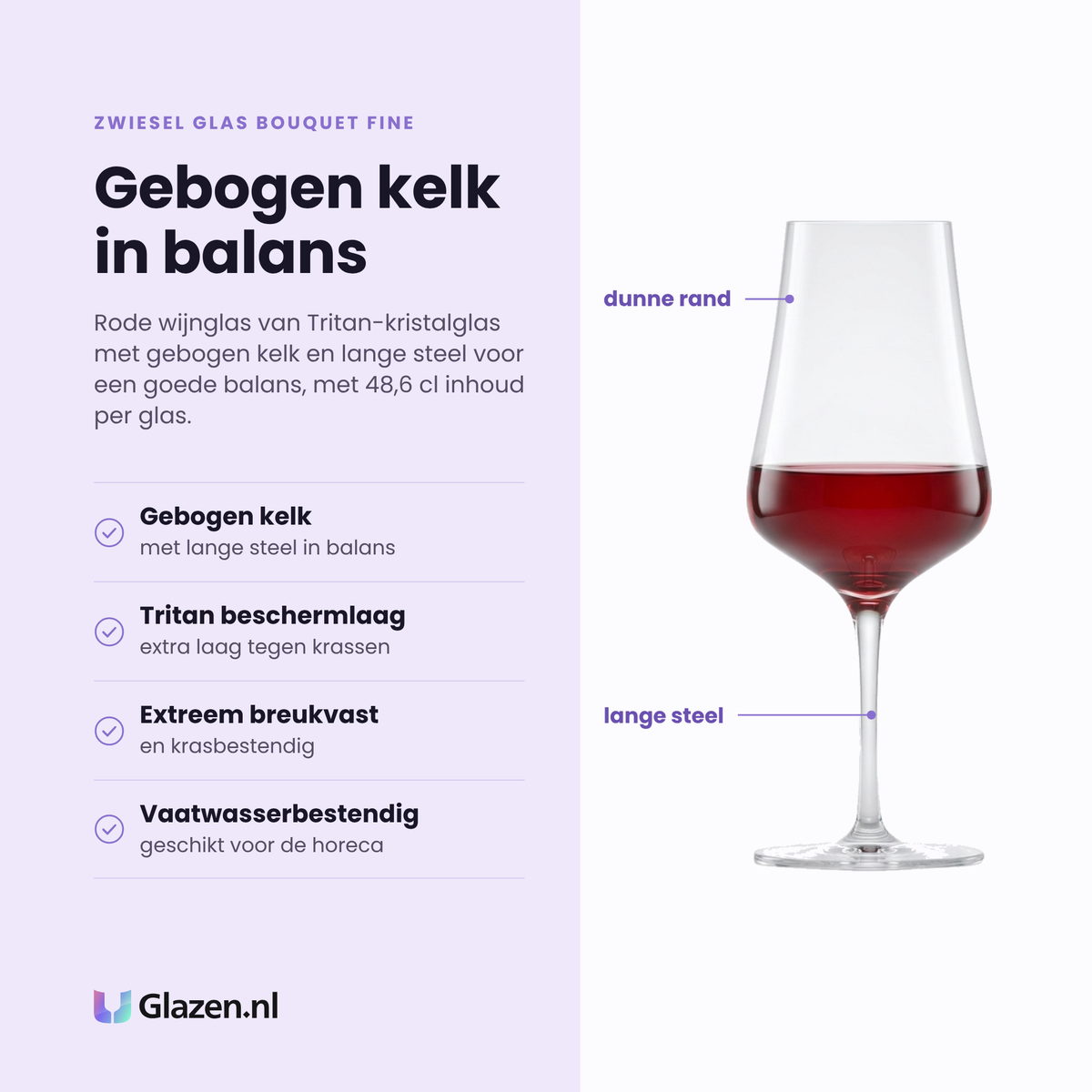 Zwiesel Glas Bouquet Fine rode wijnglas 48,6 cl eigenschappen: gebogen kelk met lange steel, tritan beschermlaag, extreem breukvast, vaatwasserbestendig