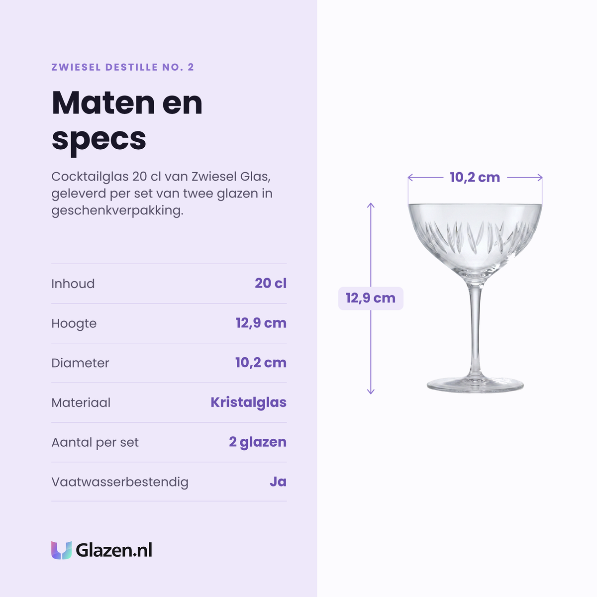 Zwiesel Glas Destille No. 2 cocktailglas 20 cl specificaties: inhoud 20 cl, hoogte 12,9 cm, diameter 10,2 cm, kristalglas, set van 2