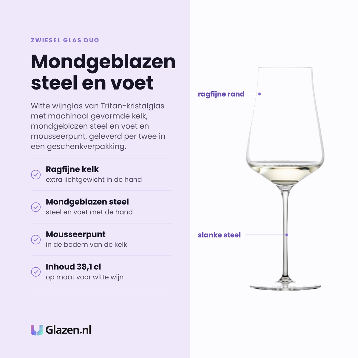 Zwiesel Glas Duo witte wijnglas 38,1 cl eigenschappen: ragfijne kelk, mondgeblazen steel en voet, mousseerpunt in de bodem, tritan-kristalglas