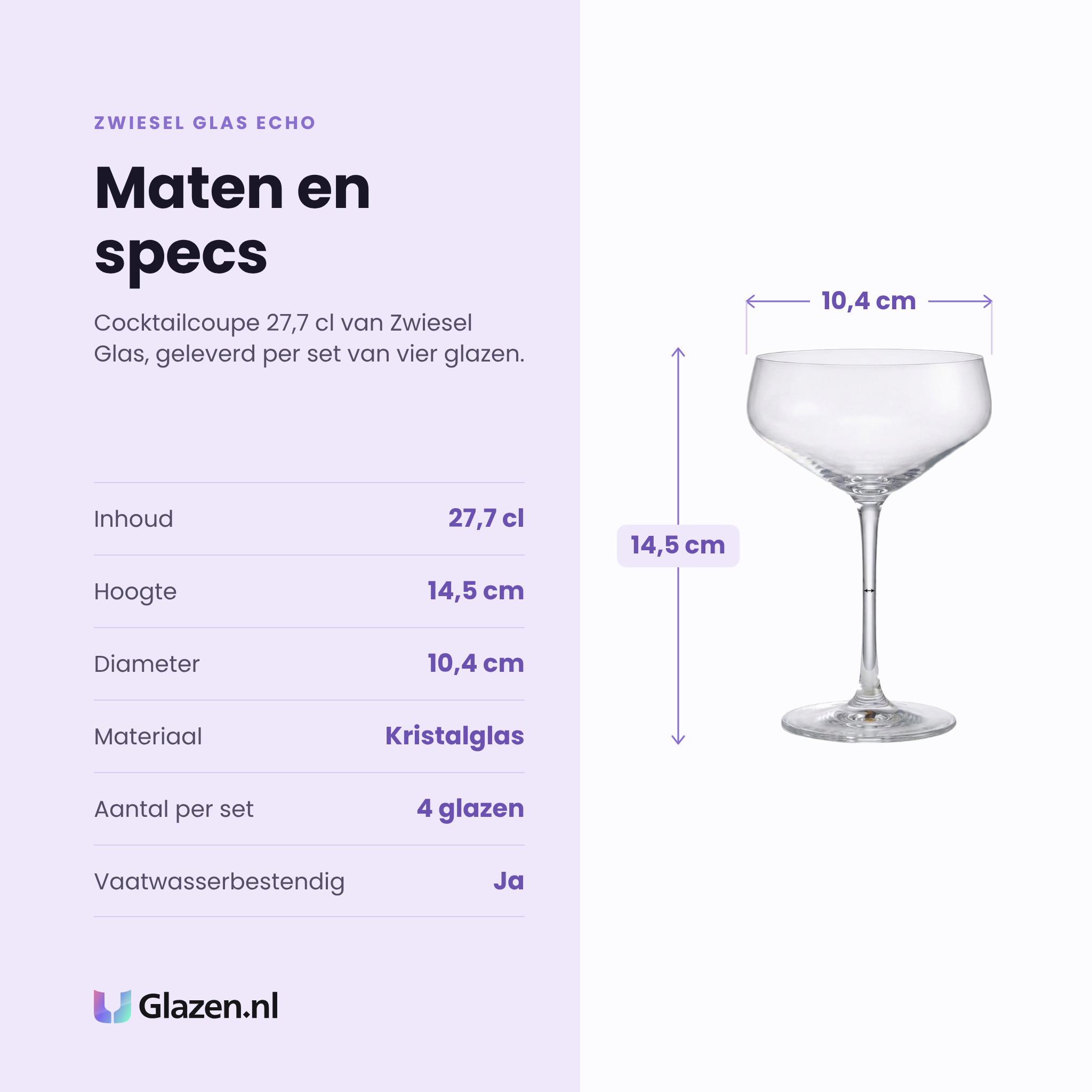Zwiesel Glas Echo cocktailcoupe 27,7 cl specificaties: inhoud 27,7 cl, hoogte 14,5 cm, diameter 10,4 cm, kristalglas, set van 4