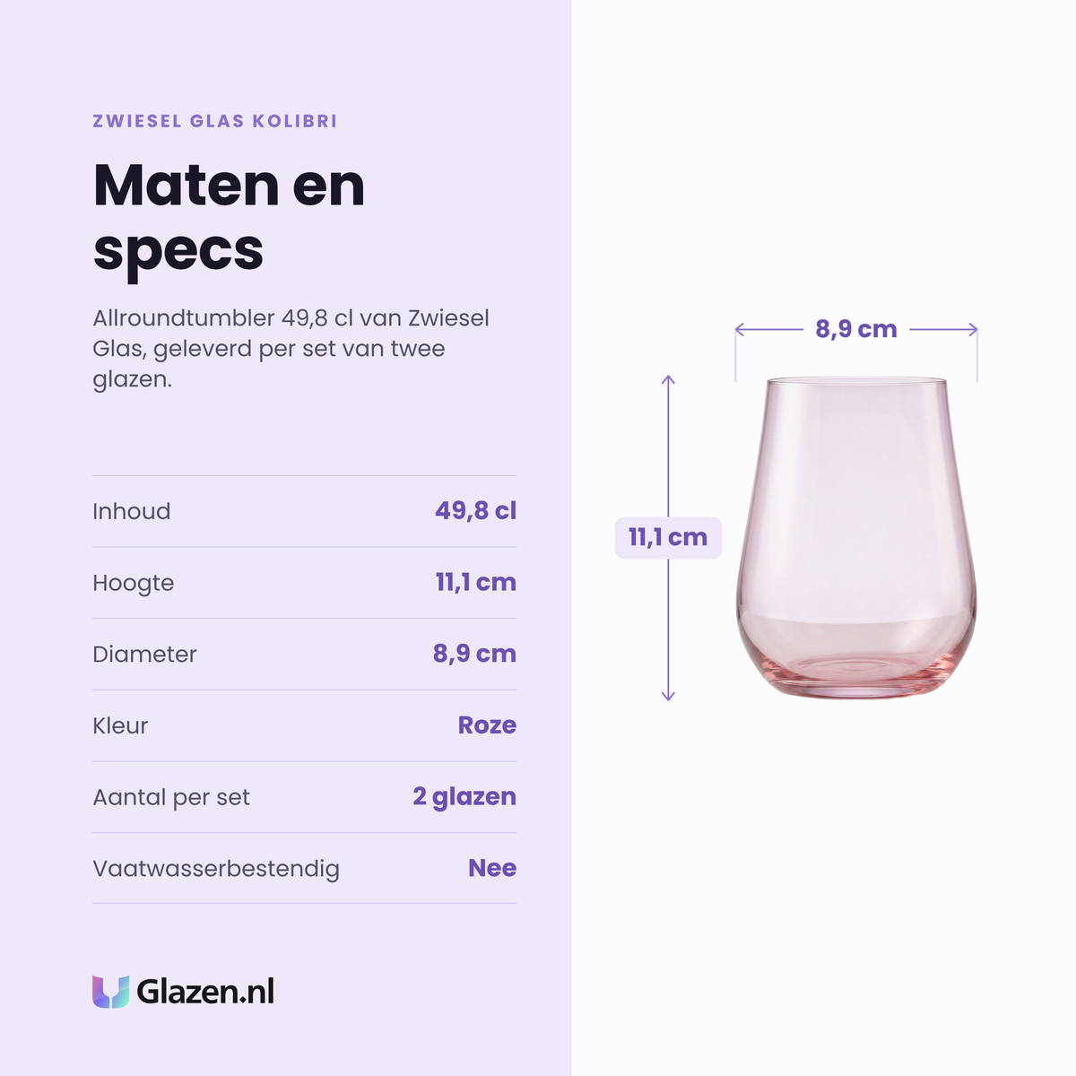 Zwiesel Glas Kolibri allroundtumbler 49,8 cl specificaties: inhoud 49,8 cl, hoogte 11,1 cm, diameter 8,9 cm, roze, set van 2