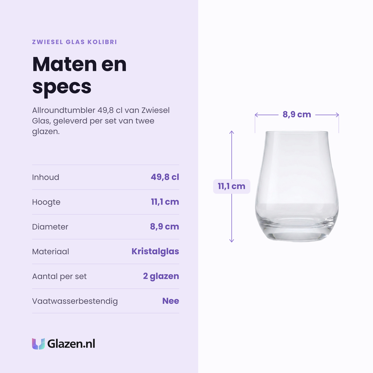 Zwiesel Glas Kolibri allroundtumbler 49,8 cl specificaties: inhoud 49,8 cl, hoogte 11,1 cm, diameter 8,9 cm, kristalglas, set van 2